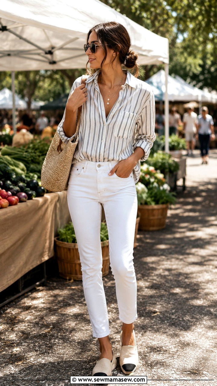 Lightweight Linen Button Down And White Jeans - 25 Mid April outfit ideas