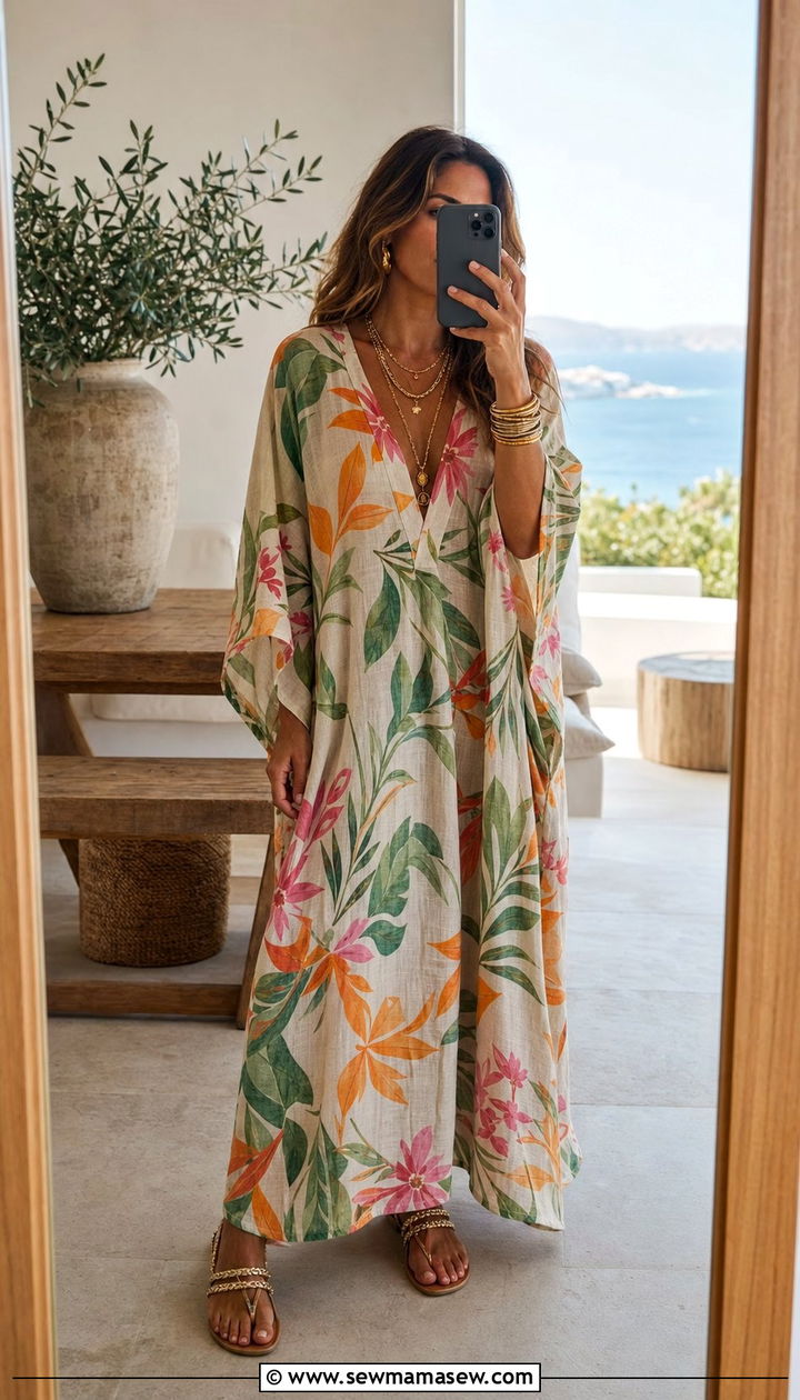 Lightweight Linen Caftan With Gold Jewelry - 25 summer heatwave outfit ideas