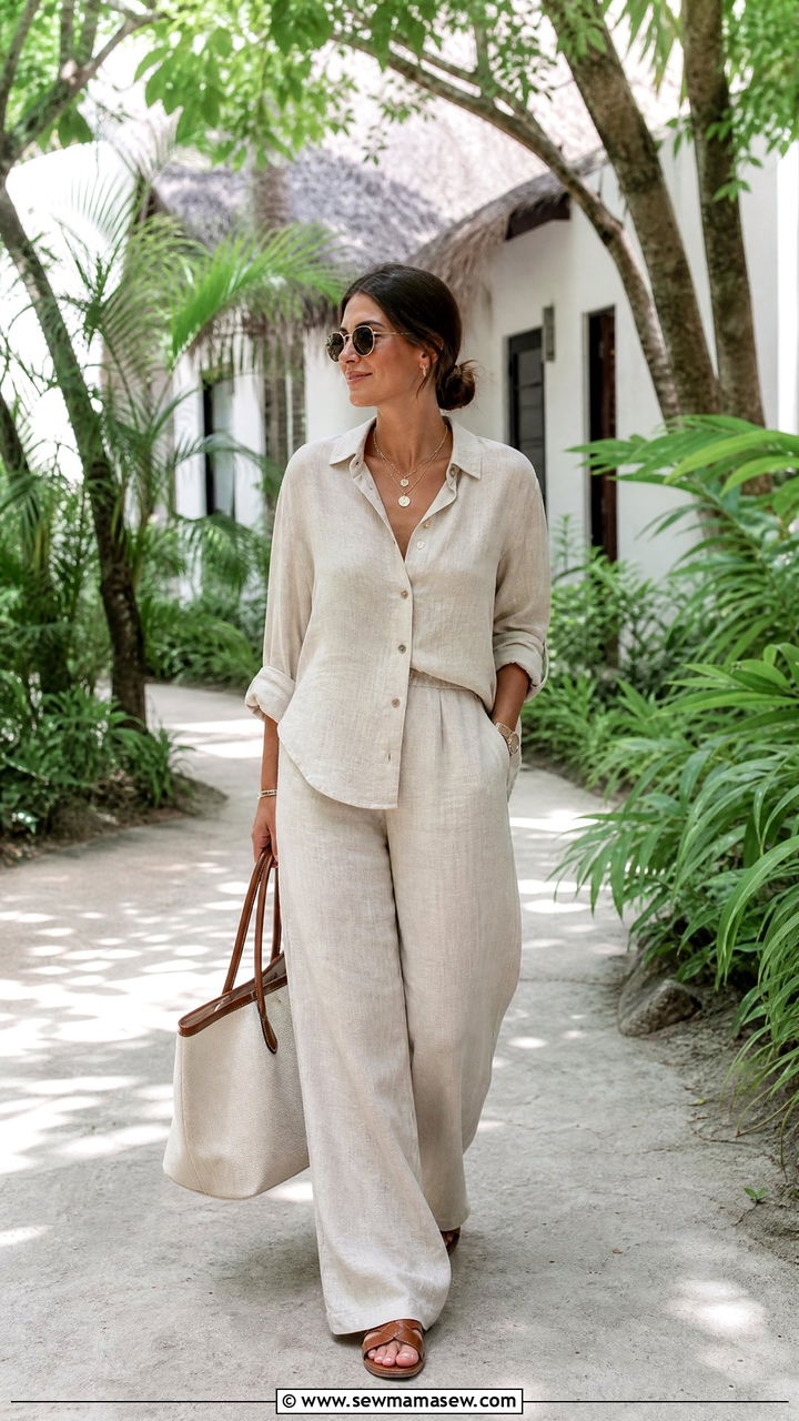 Lightweight Linen Co Ord Set With Slides - 35 Maldives vacation outfit ideas