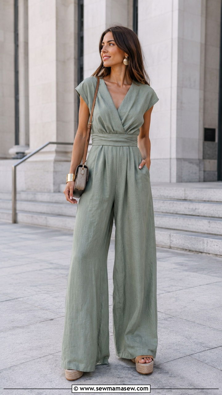 Lightweight Linen Jumpsuit With Platform Sandals - 30 chic summer wedding guest outfits for women