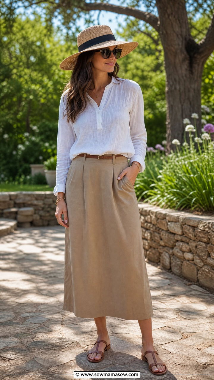 Lightweight Long Sleeve Top and Midi Skirt Outfit - 30 Summer outfits with midi skirts
