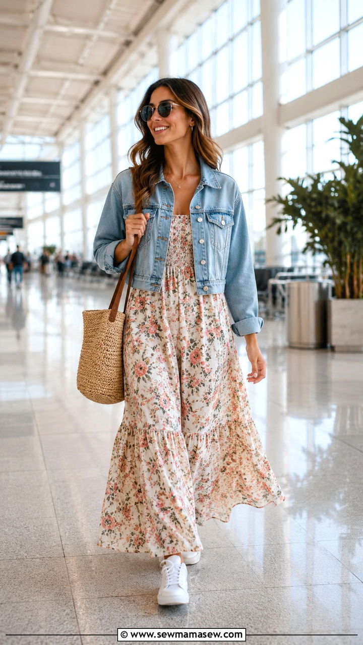 Lightweight Maxi Dress with Denim Jacket - 25 Airport outfit ideas for international flight summer