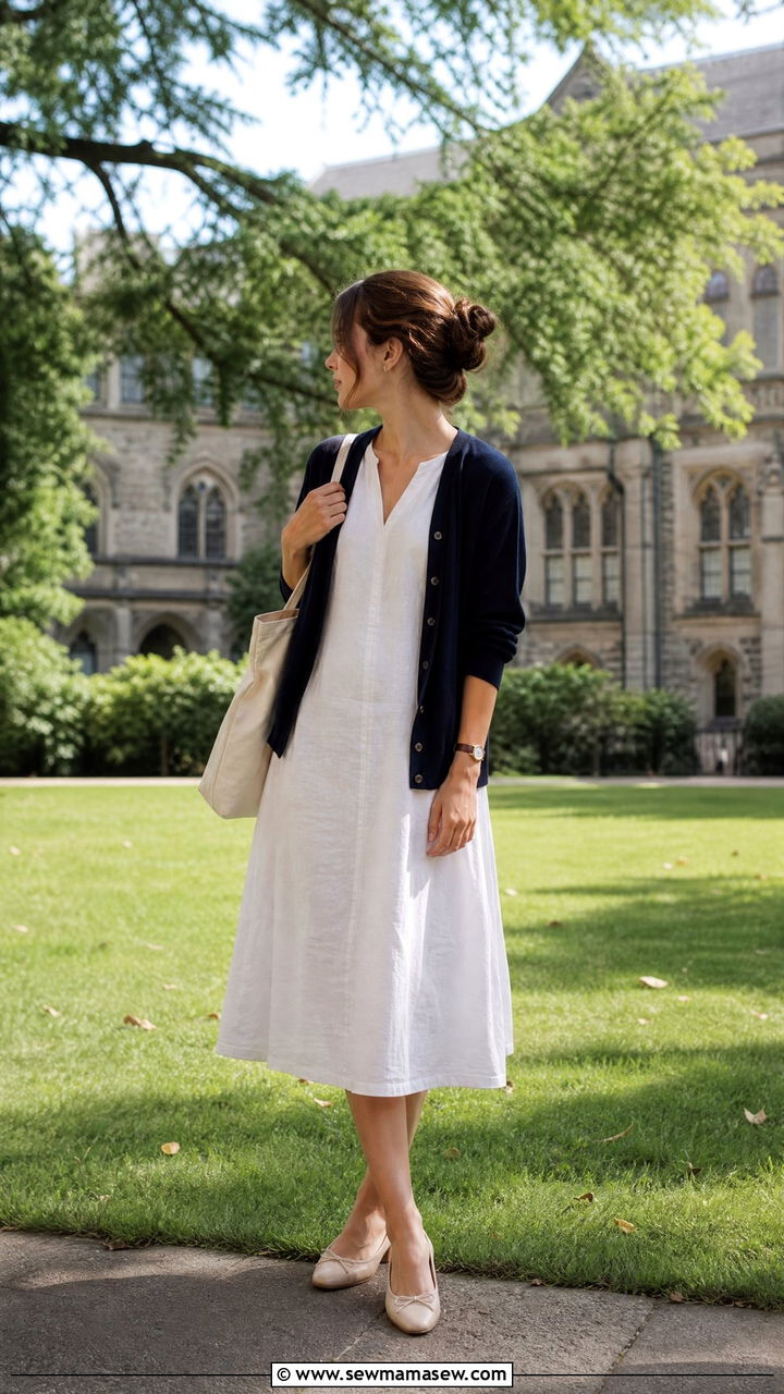 Lightweight Navy Cardigan over White Linen Dress - 30 summer dark academia outfits