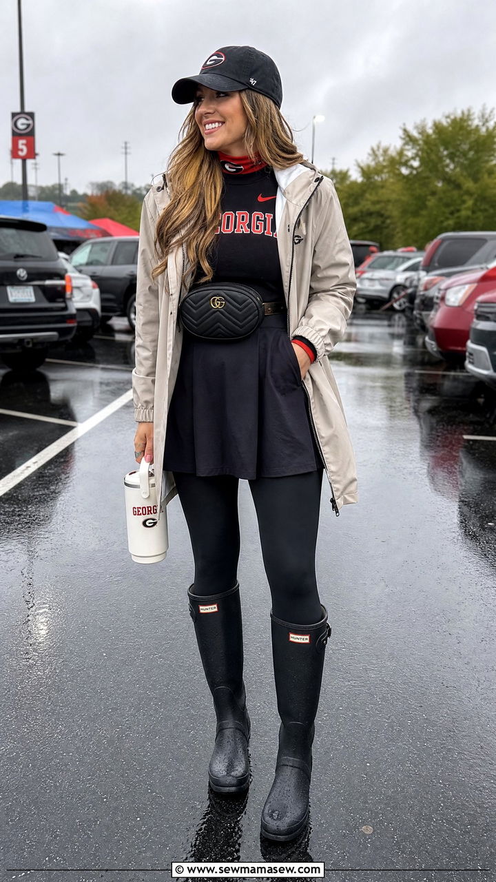 Lightweight Parka Over Athletic Skirt And Tights - 25 Gameday outfit ideas rainy weather