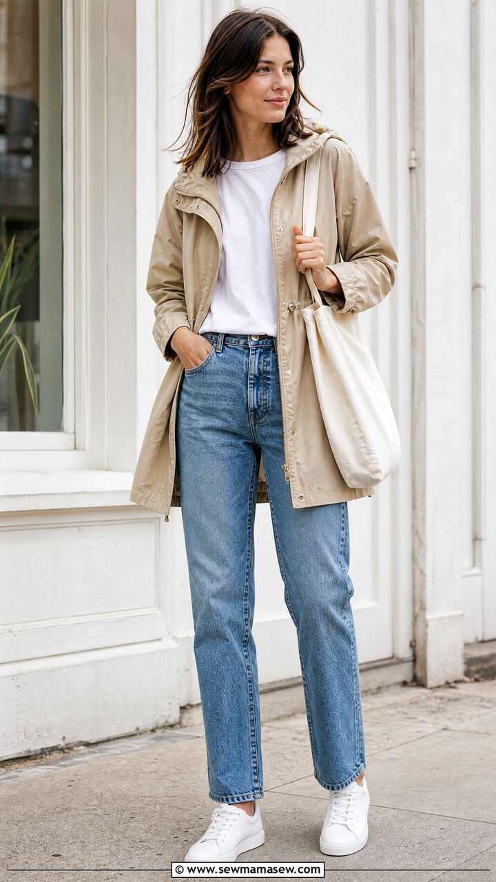 Lightweight Parka With Straight Leg Jeans and Sneakers - 25 Spring outfits with parka
