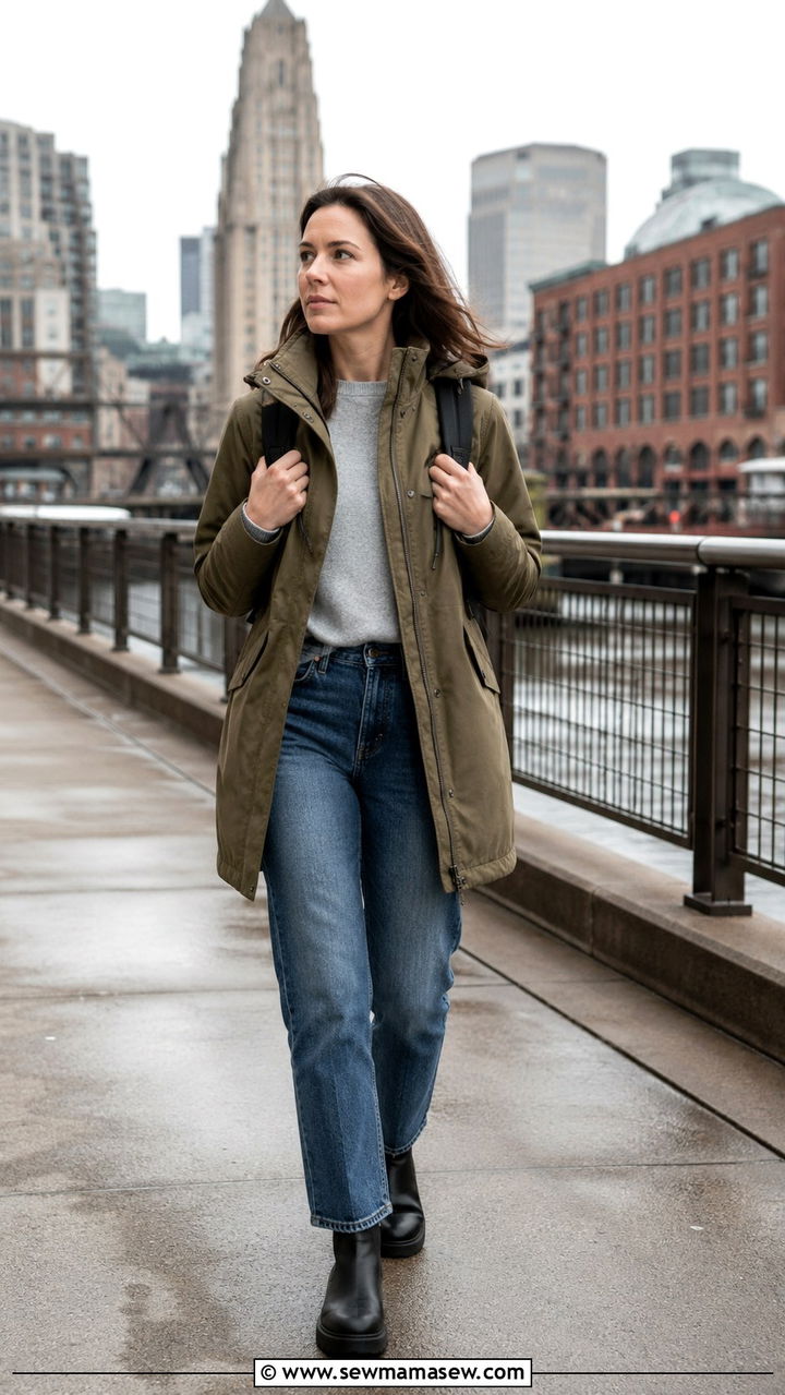 Lightweight Parka With Straight Leg Jeans and Waterproof Boots - 30 Light jacket weather outfit ideas