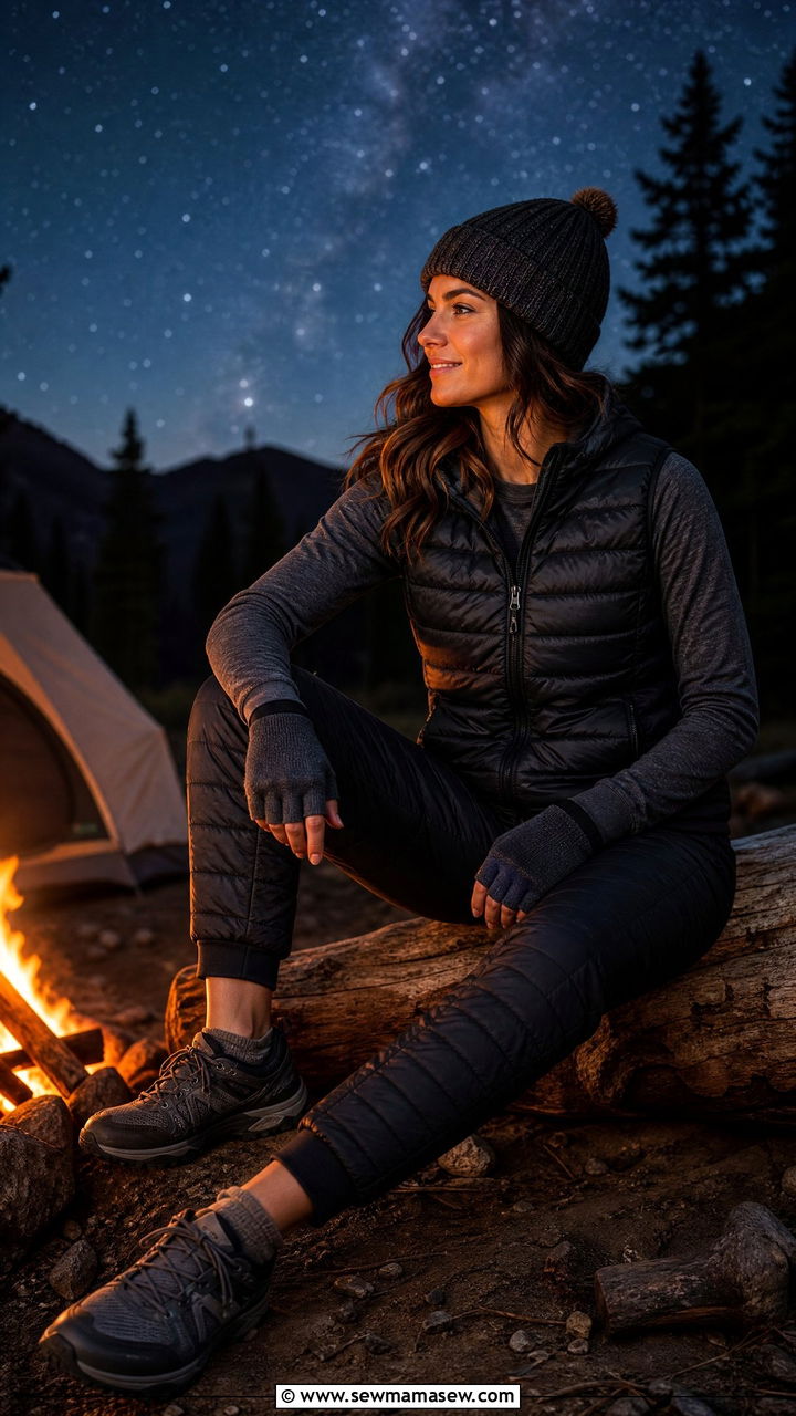 Lightweight Puffer Vest With Long Sleeve Tee and Joggers Camping Outfit - 30 Summer camping trip outfits