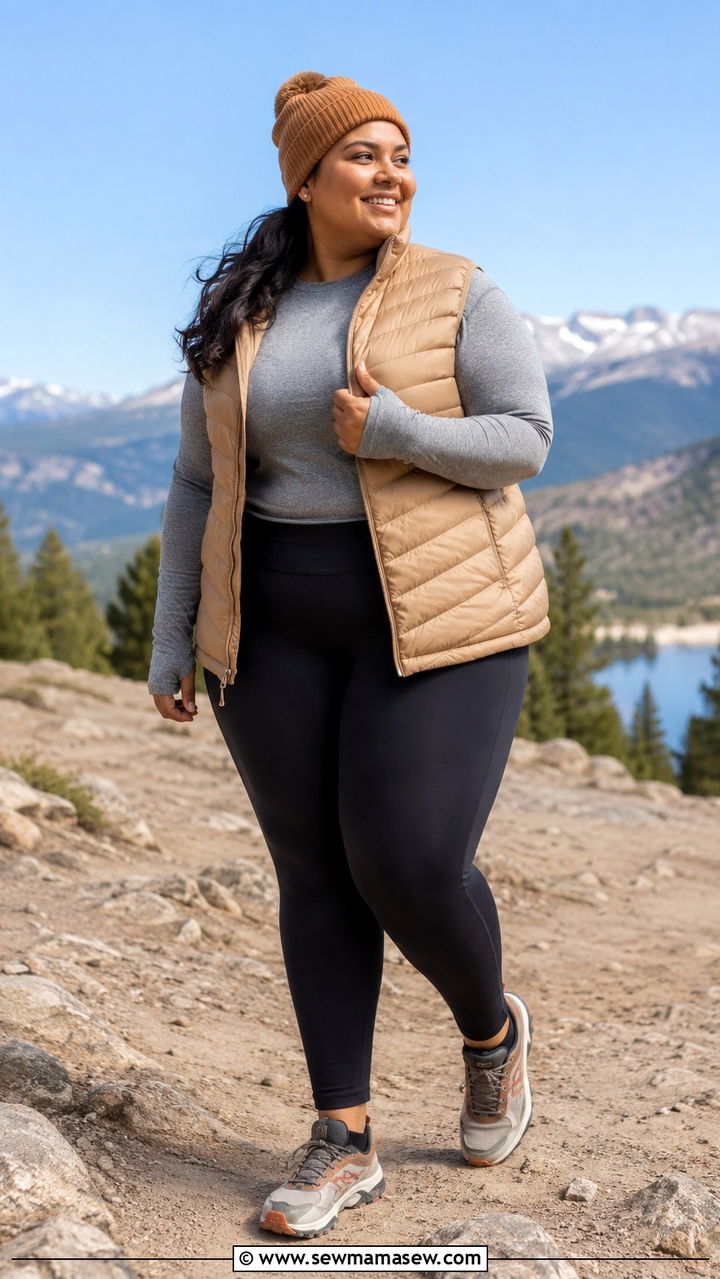 Lightweight Puffer Vest with Leggings and Long Sleeve Tee - 30 Gym outfit ideas plus size