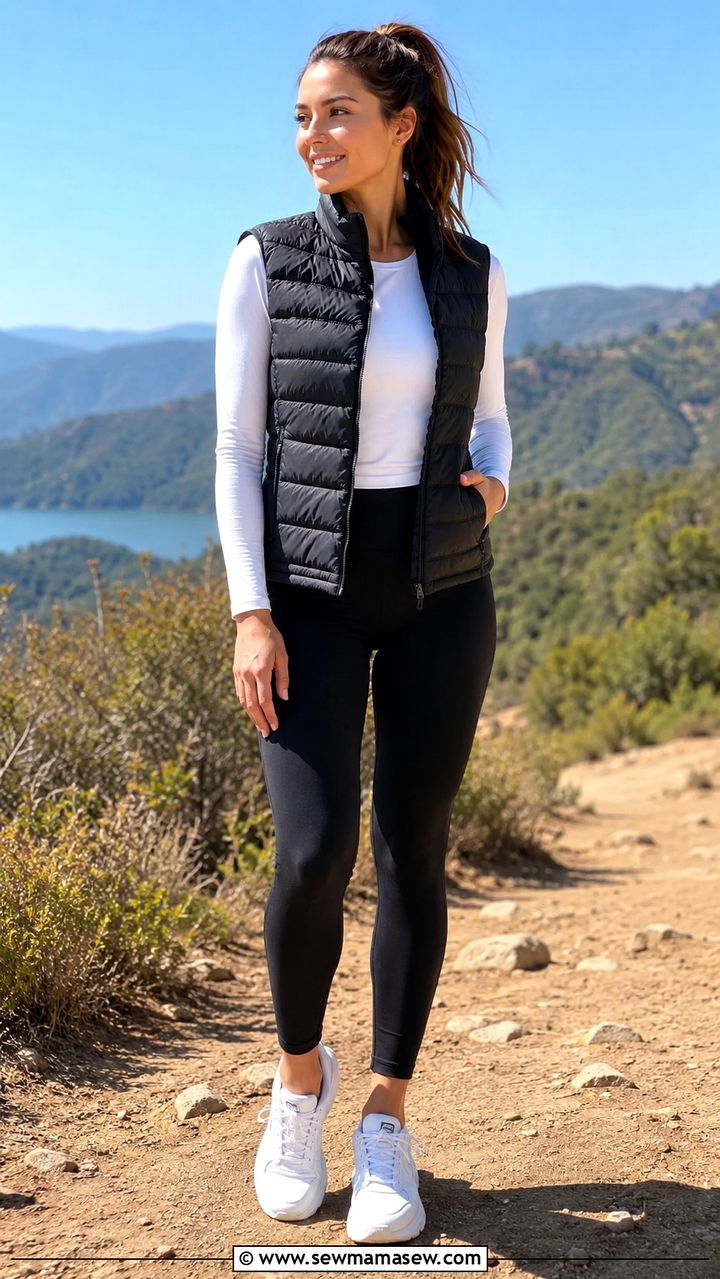 Lightweight Puffer Vest with Long Sleeve Tee and Leggings - 20 Summer outfits for 60 degree weather