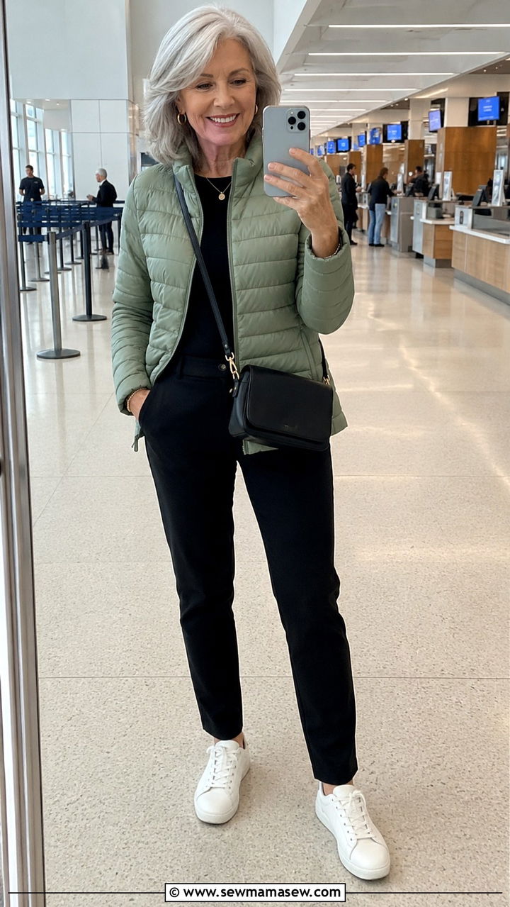 Lightweight Puffer With Black Ponte Pants - 30 Travel outfits for women over 60