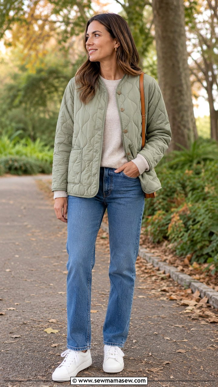 Lightweight Quilted Jacket With a Sweater and Straight Leg Jeans - 30 Light jacket weather outfit ideas