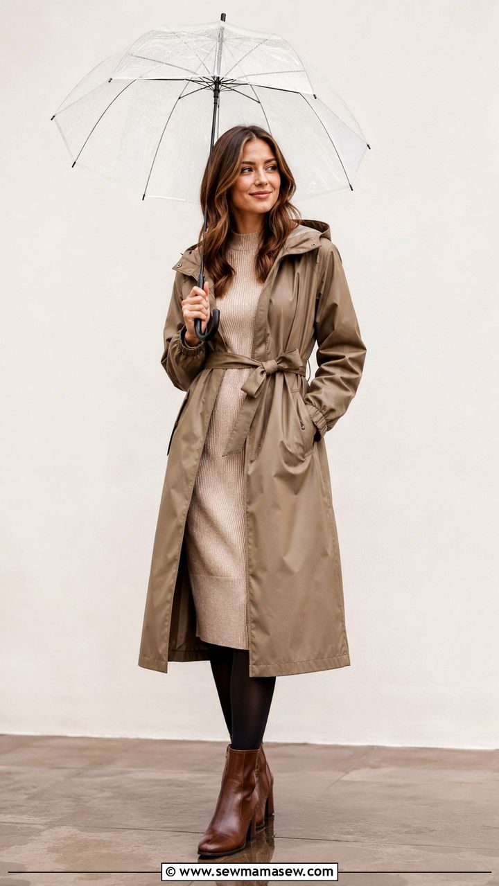 Lightweight Raincoat Over Midi Dress With Boots - 30 rainy day outfits casual