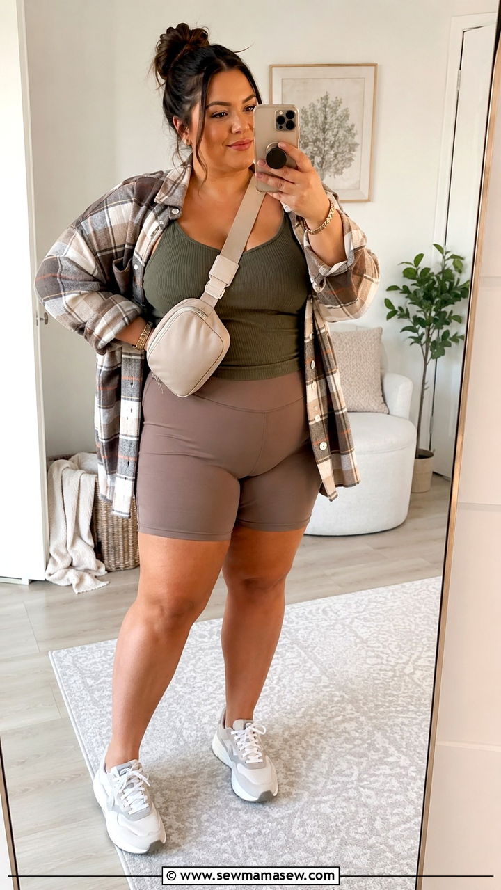 Lightweight Shacket Ribbed Tank and Soft Bike Shorts - 30 Plus size theme park outfit ideas