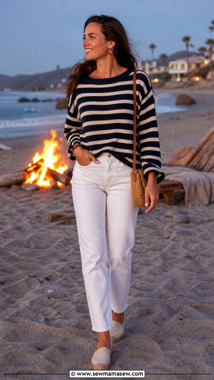 Lightweight Slouchy Sweater With White Jeans And Espadrilles - 40 Coastal summer outfits