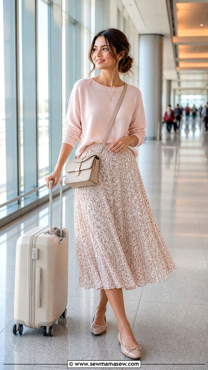 Lightweight Sweater And Midi Skirt Airport Outfit - 40 Spring airport outfits