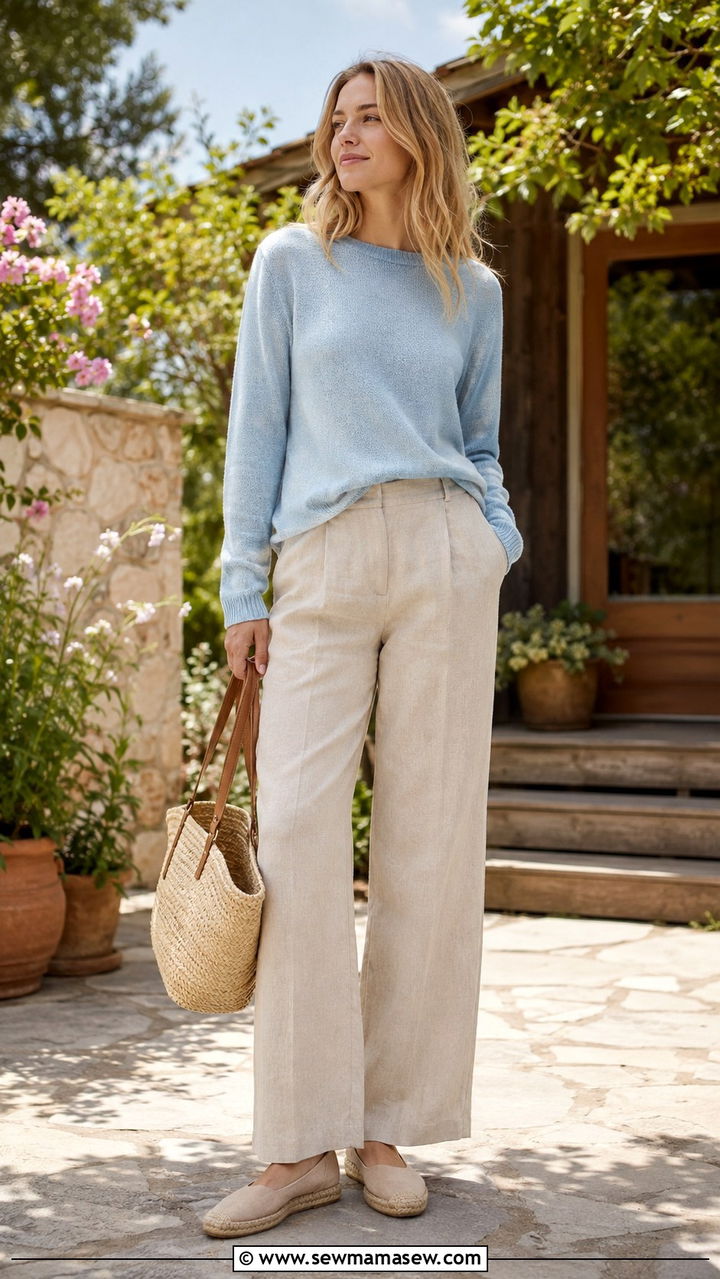 Lightweight Sweater Outfit with Linen Blend Trousers and Espadrilles - 30 Spring cabin weekend outfits