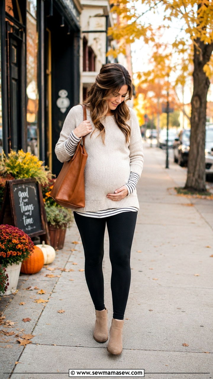 Lightweight Sweater With Leggings And Striped Tee - 20 Maternity outfit ideas first trimester