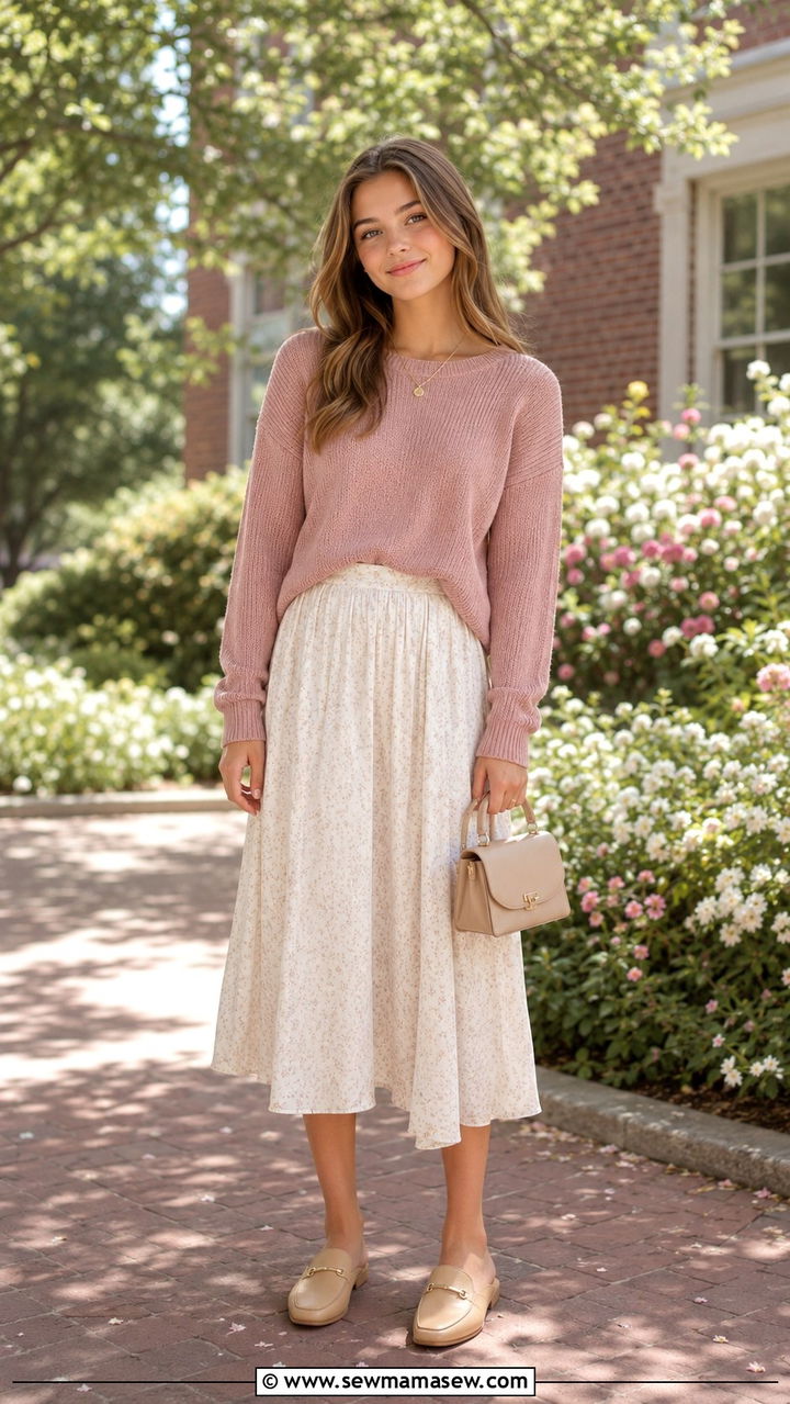 Lightweight Sweater With Midi Skirt - 25 Preppy outfit ideas for teens
