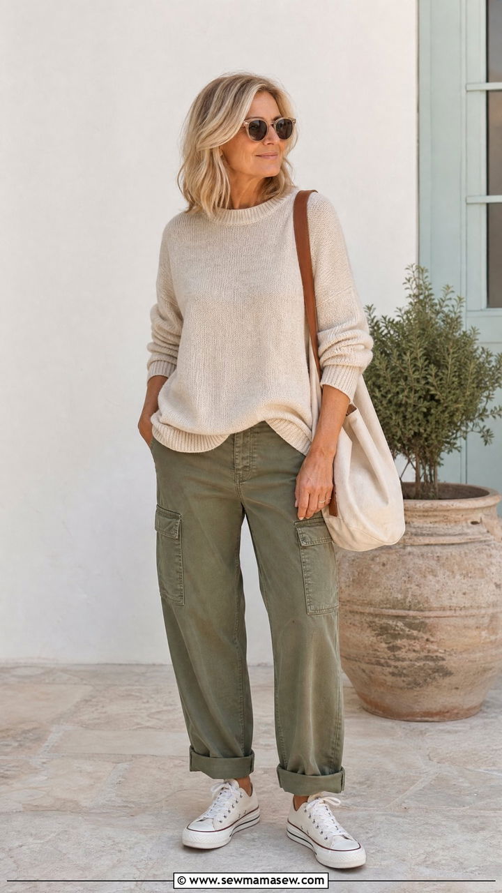 Lightweight Sweater and Cargo Pants Outfit - 25 casual coastal grandmother outfits