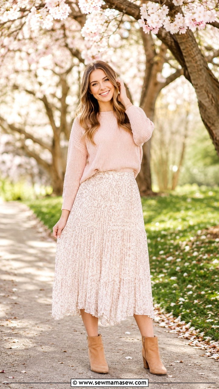 Lightweight Sweater with Midi Skirt and Ankle Boots - 30 Spring senior photo outfits