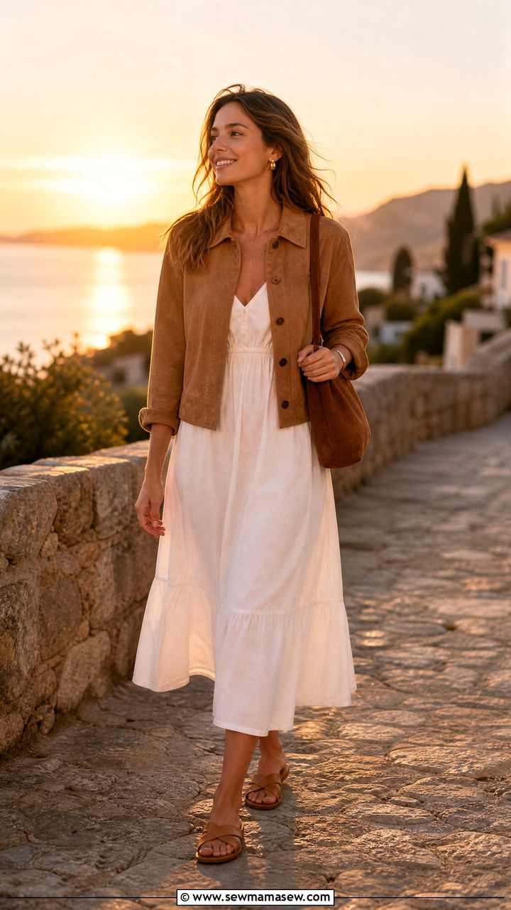 Lightweight Tan Suede Jacket With White Cotton Dress And Flat Sandals - 30 Summer suede outfits