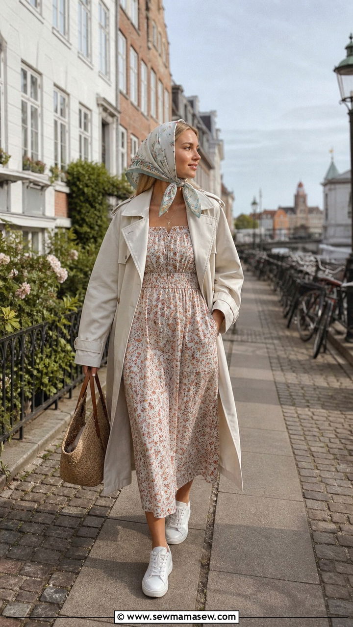 Lightweight Trench Coat Layered Over A Cotton Sundress - 40 summer scandinavian outfits