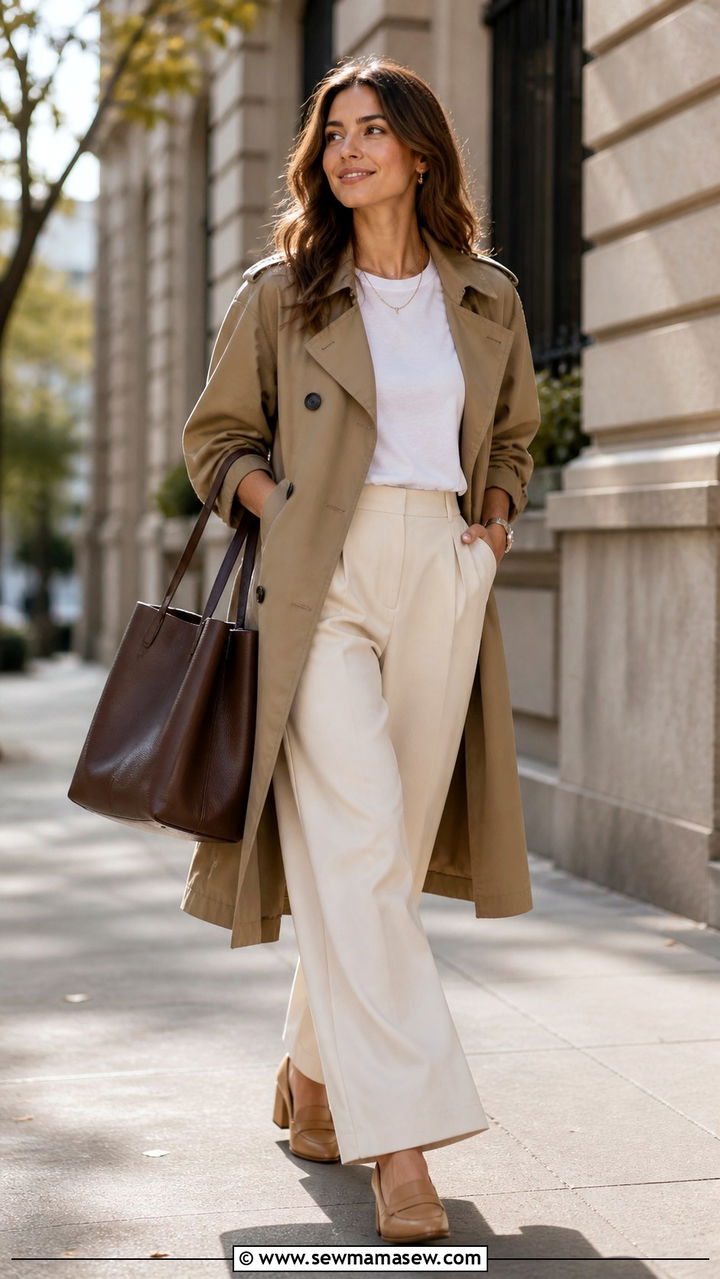 Lightweight Trench Coat Over Cream Wide Leg Pants - 40 spring business casual outfits