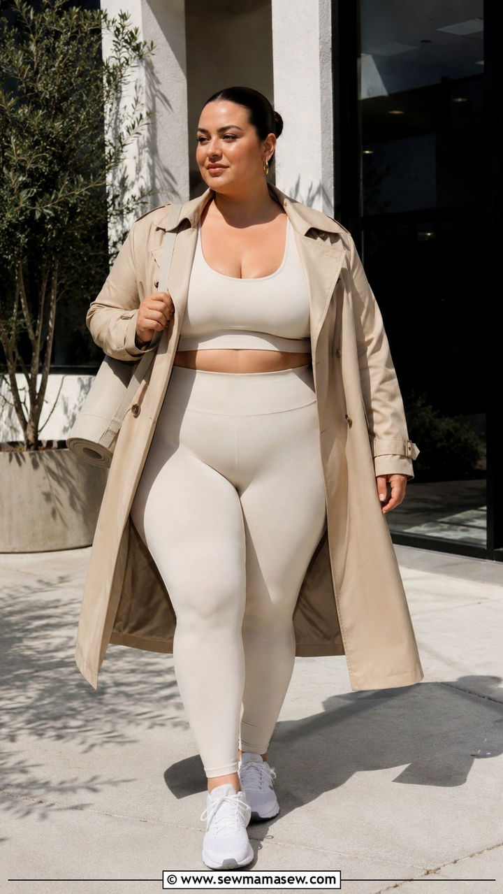 Lightweight Trench Coat Over Matching Set - 30 Plus size pilates outfit ideas