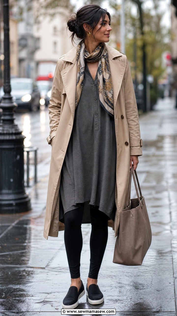 Lightweight Trench Coat Over Tunic And Leggings - 25 casual outfits for modest women