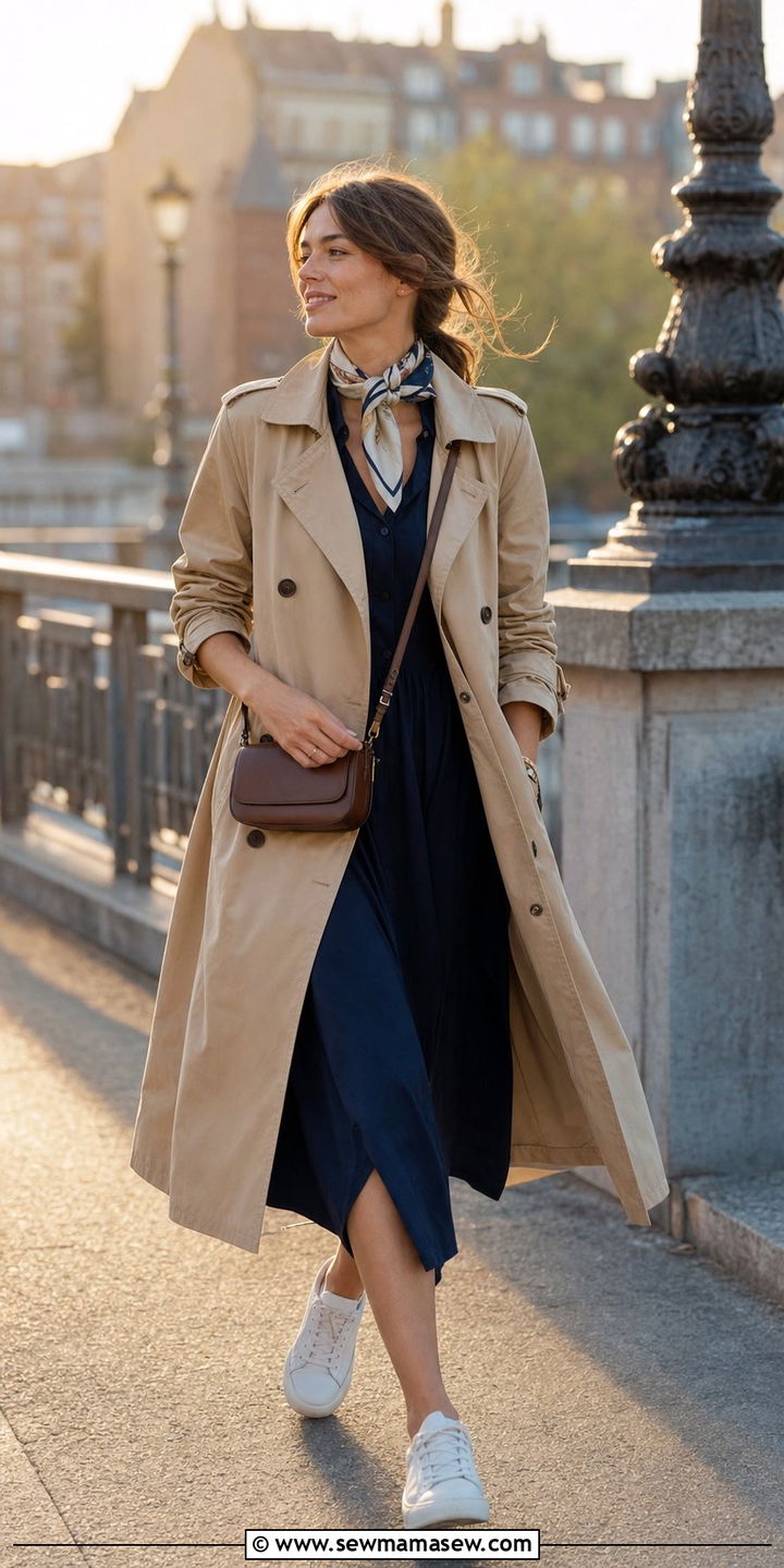 Lightweight Trench Coat Over a Cotton Midi Dress and Sneakers - 25 Summer capsule wardrobe Parisian