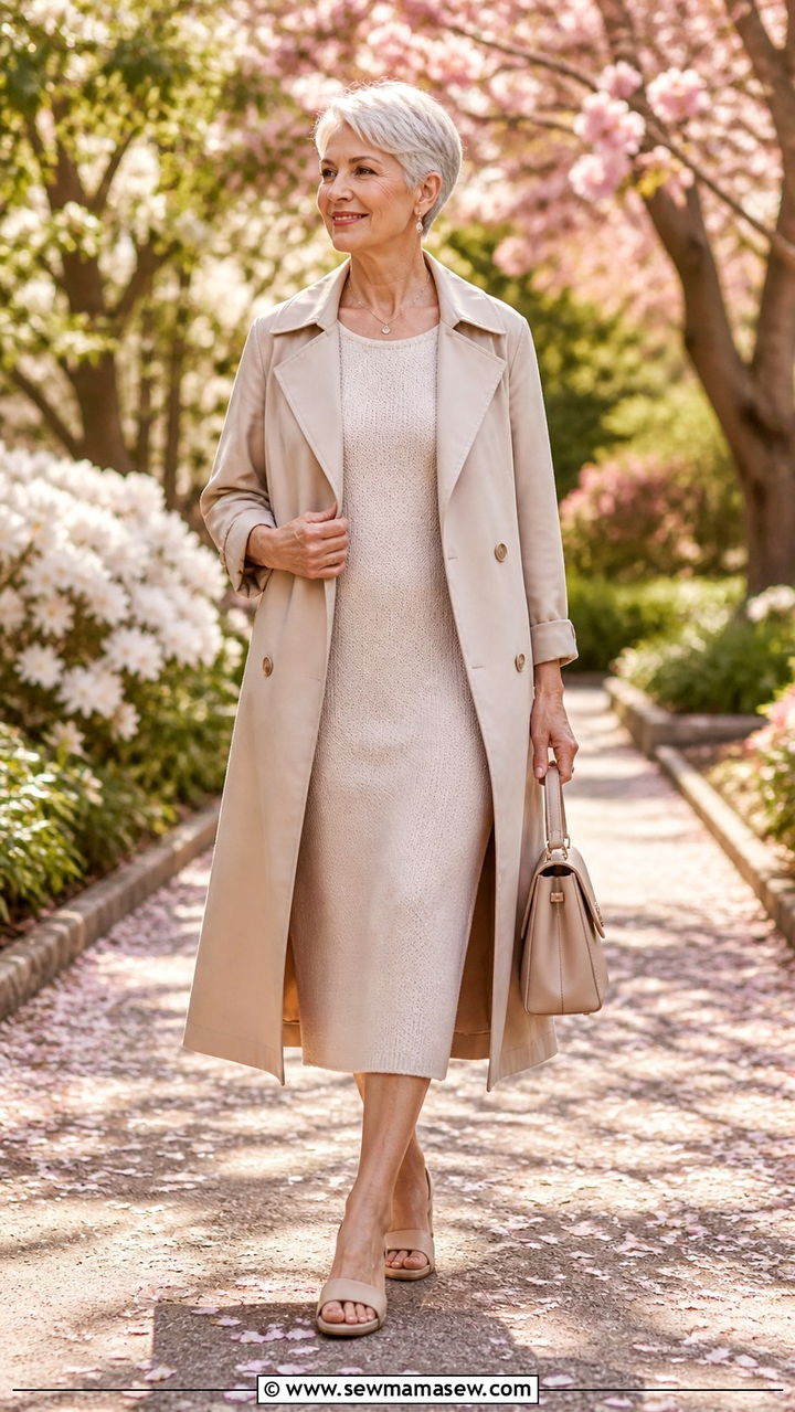 Lightweight Trench Coat Over a Midi Dress - 40 Spring outfit ideas for women over 60 2026