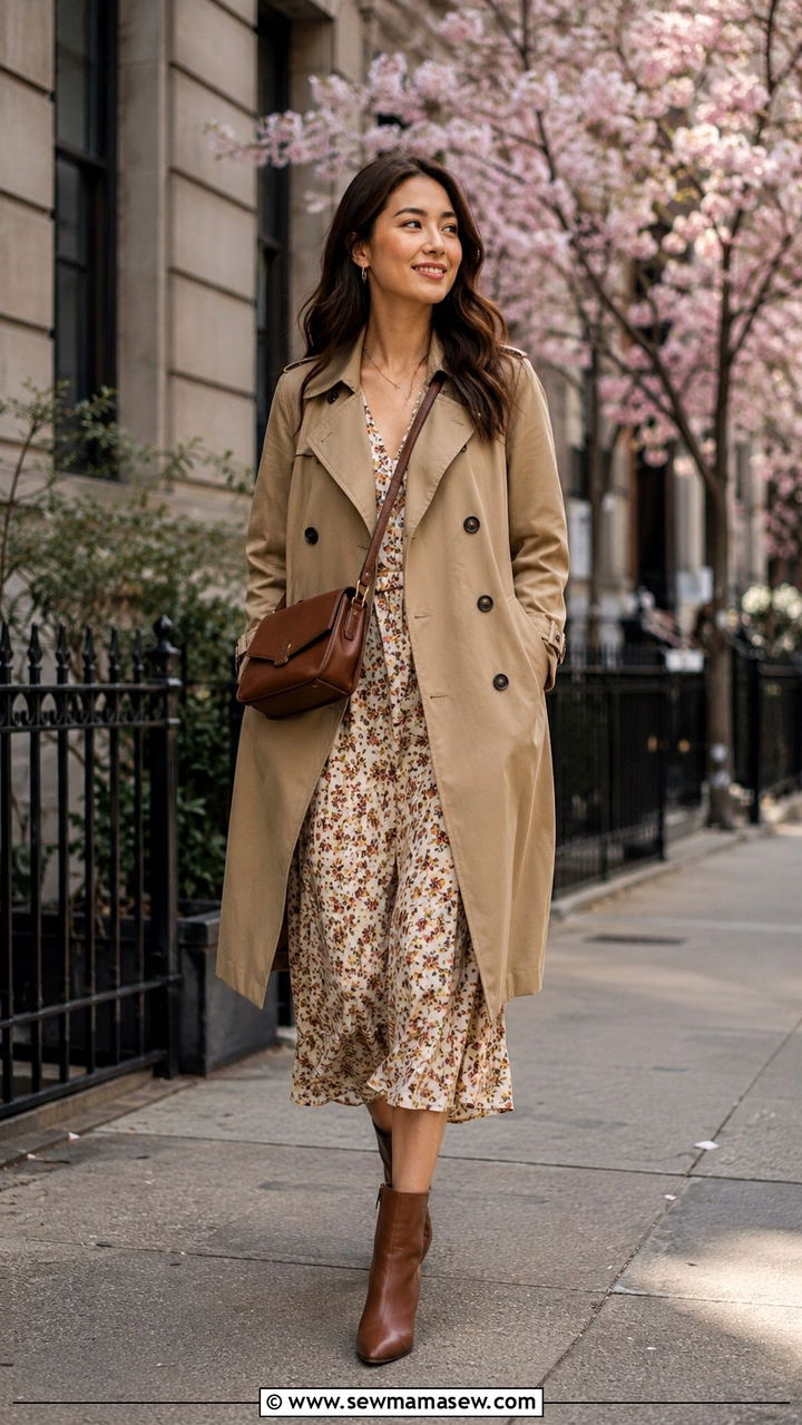 Lightweight Trench Coat Over a Midi Dress - 30 transitional business casual outfits