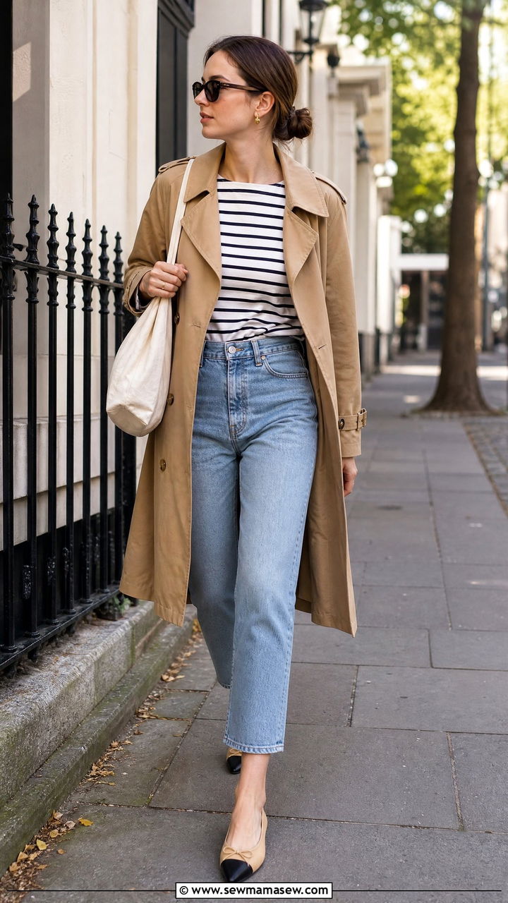 Lightweight Trench Coat Over a Striped Tee and Cropped Jeans - 30 Cool morning warm afternoon outfits