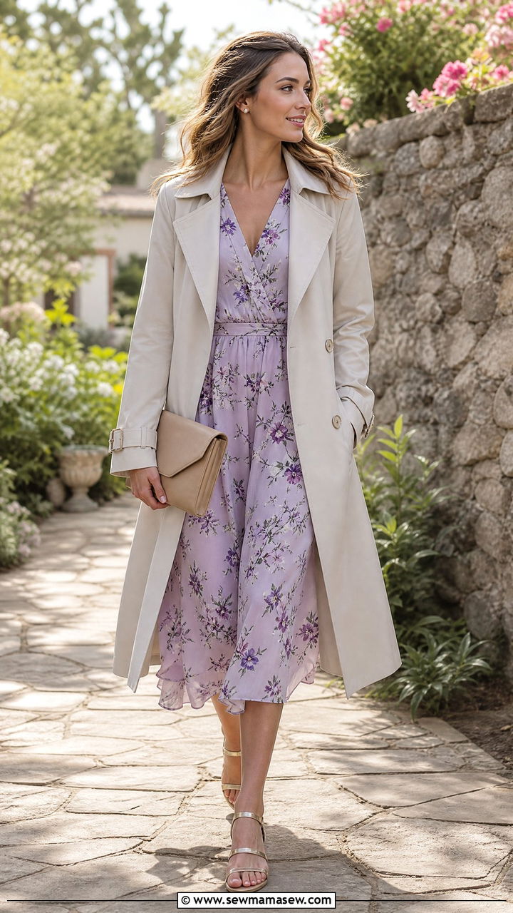Lightweight Trench Coat over Floral Midi Dress - 30 Summer outfits with trench coats