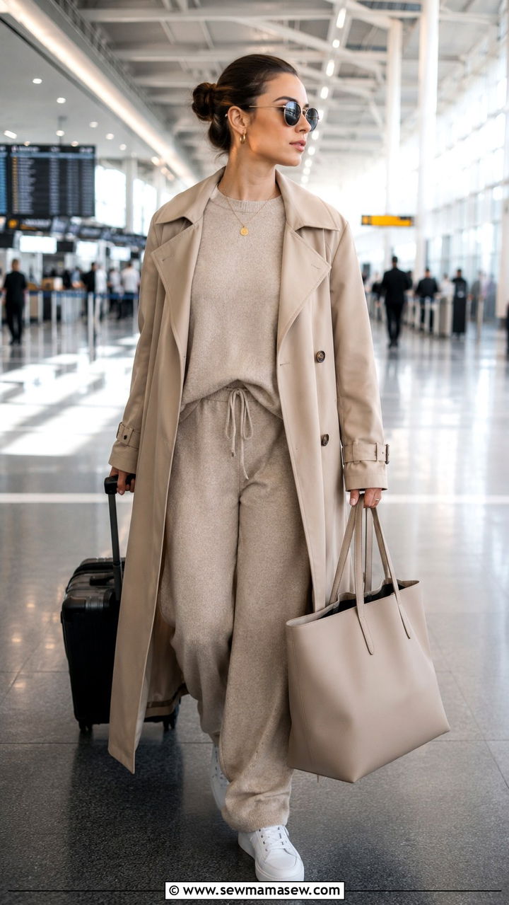 Lightweight Trench Coat over a Matching Knit Lounge Set - 25 Modest outfit ideas spring 2026