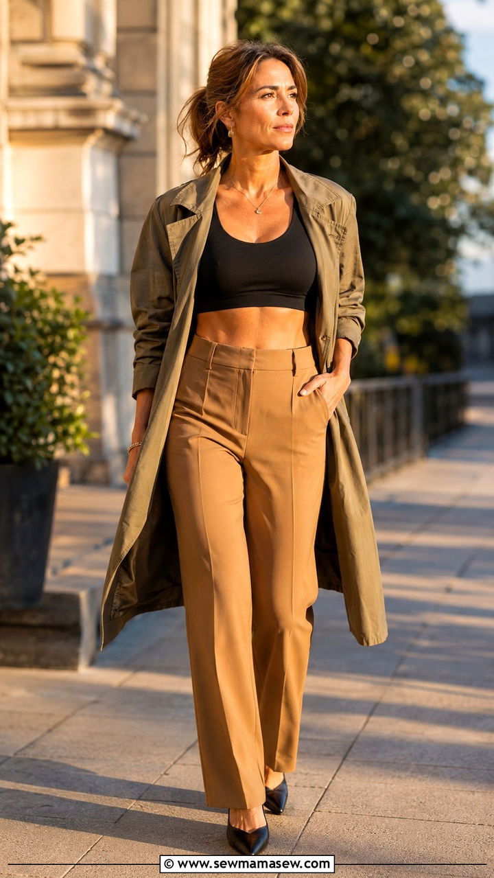 Lightweight Trench Coat over a Sports Bra and Tailored Trousers - 30 Outfit ideas for women over 40 sporty chic