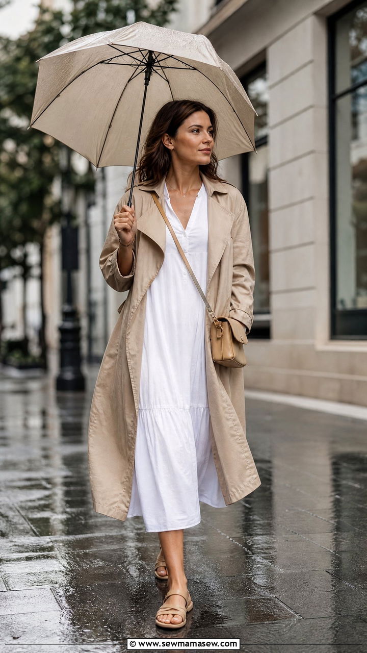 Lightweight Trench Coat with Cotton Dress and Waterproof Flats - 30 summer rainy day outfit ideas
