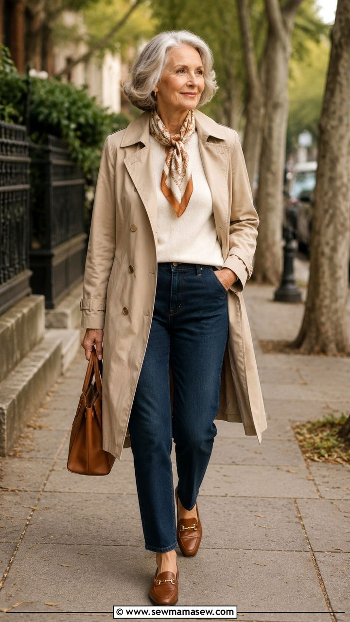 Lightweight Trench Coat with Dark Straight Leg Jeans and Loafers - 20 70 year old woman outfit ideas