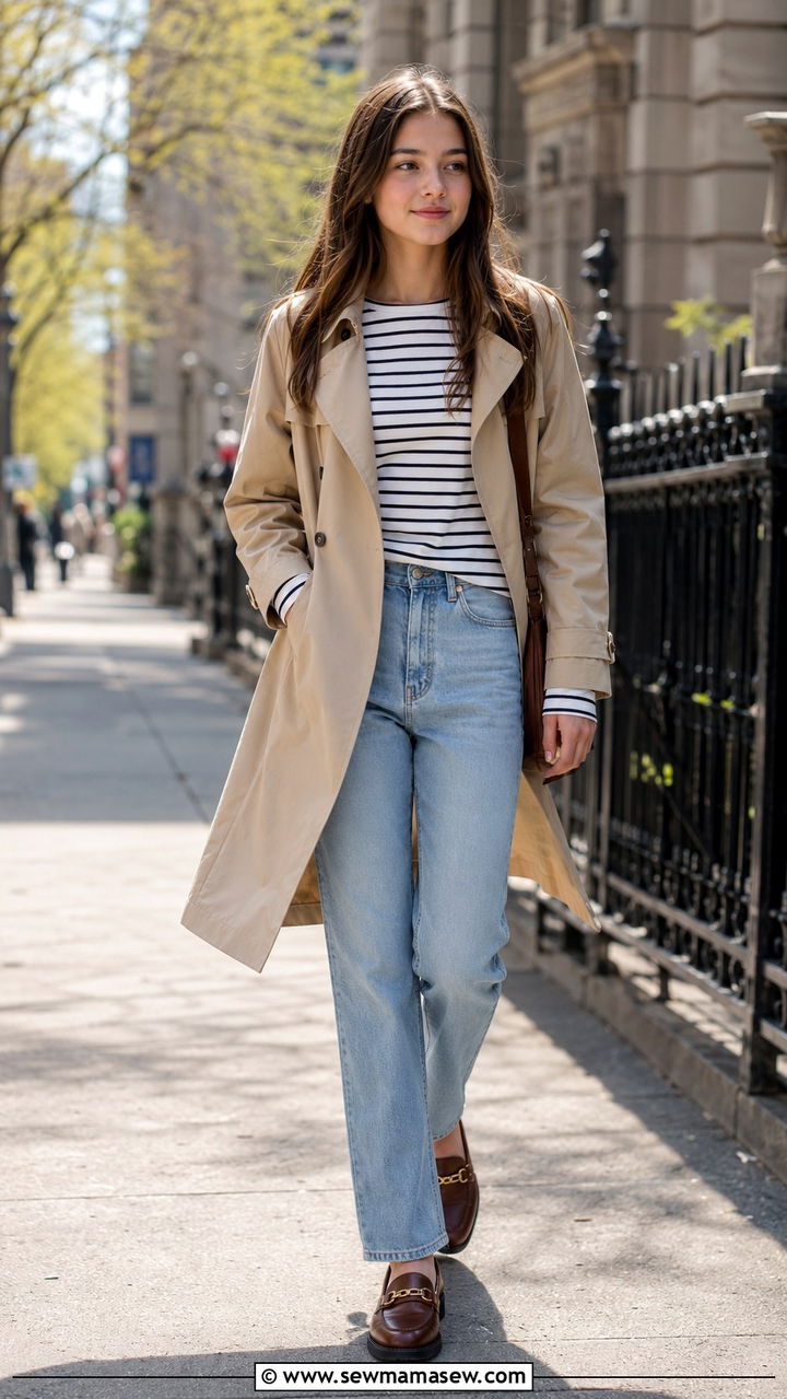 Lightweight Trench Coat with Jeans and Loafers - 30 Spring outfits for middle school