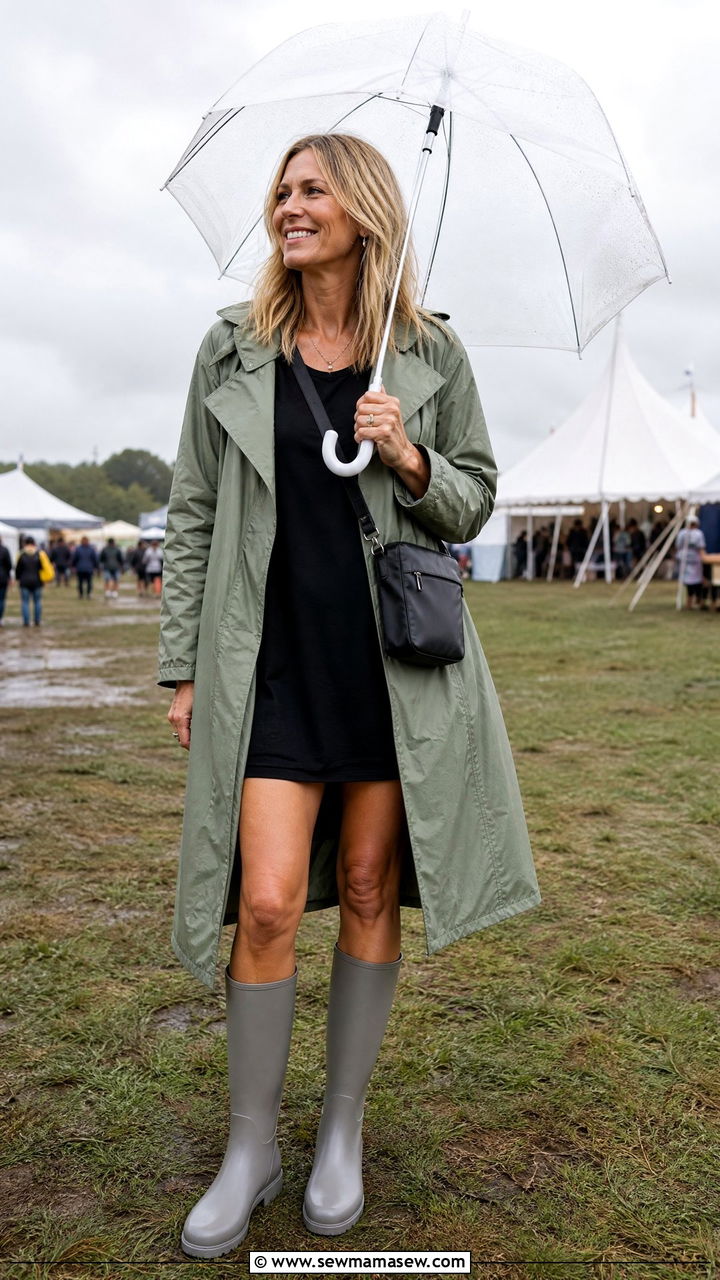 Lightweight Trench Coat with Mini Dress and Rain Boots Festival Outfit - 30 music festival outfits for women over 40