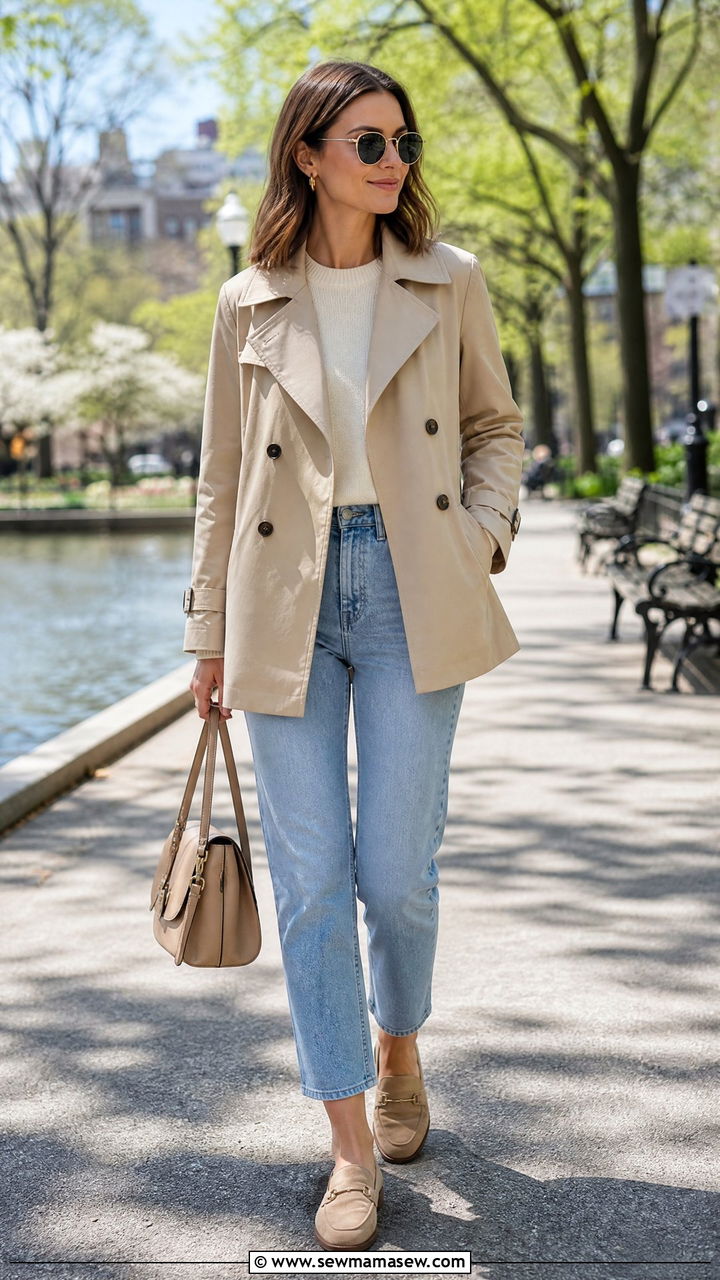 Lightweight Trench Coat with a Knit Top and Cropped Jeans - 40 spring vacation outfit ideas