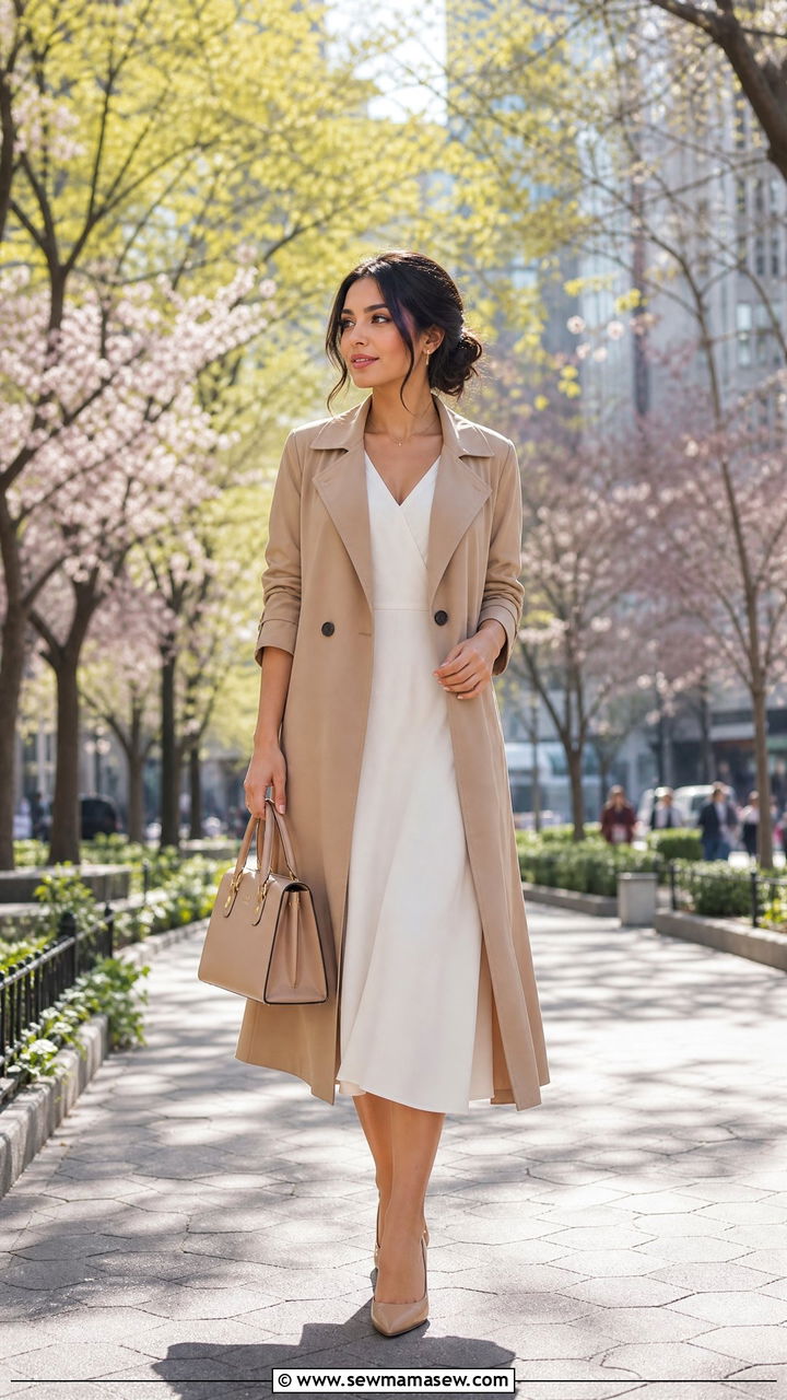 Lightweight Trench Over Midi Dress - 30 modest classy outfits 2026