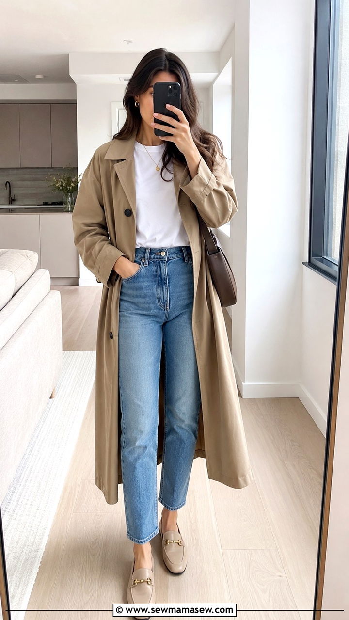 Lightweight Trench With T Shirt Straight Jeans and Loafers - 30 transitional outfits aesthetic