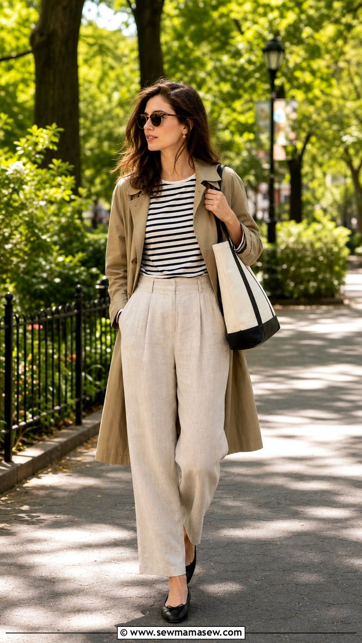 Lightweight Trench with Linen Pants and Ballet Flats Outfit - 25 Cross season outfit ideas
