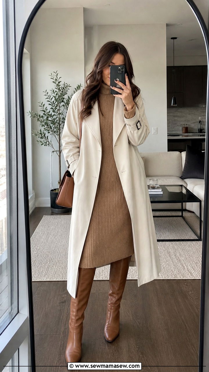 Lightweight Trench with Sweater Dress and Knee High Boots - 40 transitional outfits