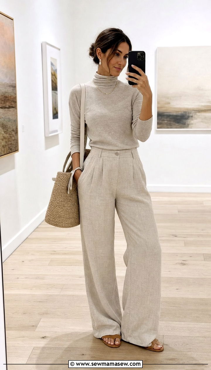 Lightweight Turtleneck With Flowy Linen Trousers And Raffia Tote - 25 coastal grandmother capsule wardrobe outfits