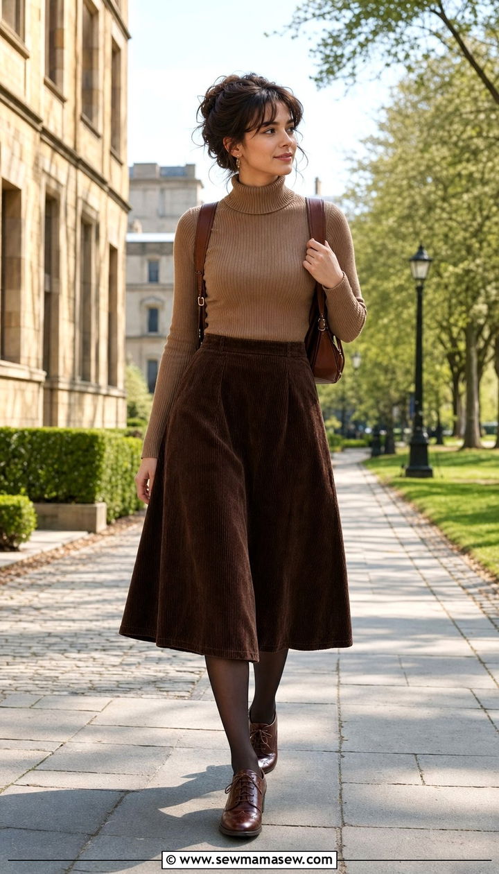 Lightweight Turtleneck and Corduroy Skirt - 25 spring dark academia outfits