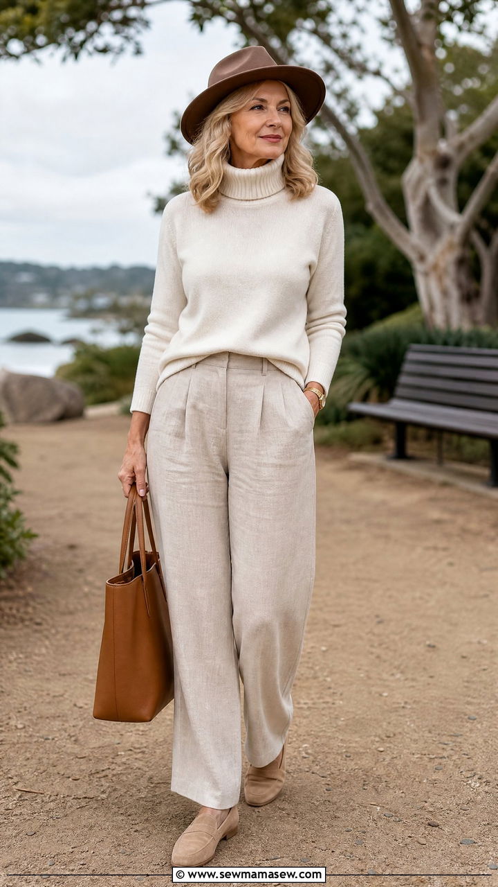 Lightweight Turtleneck and Linen Trousers - 30 coastal grandmother outfit ideas for women over 40