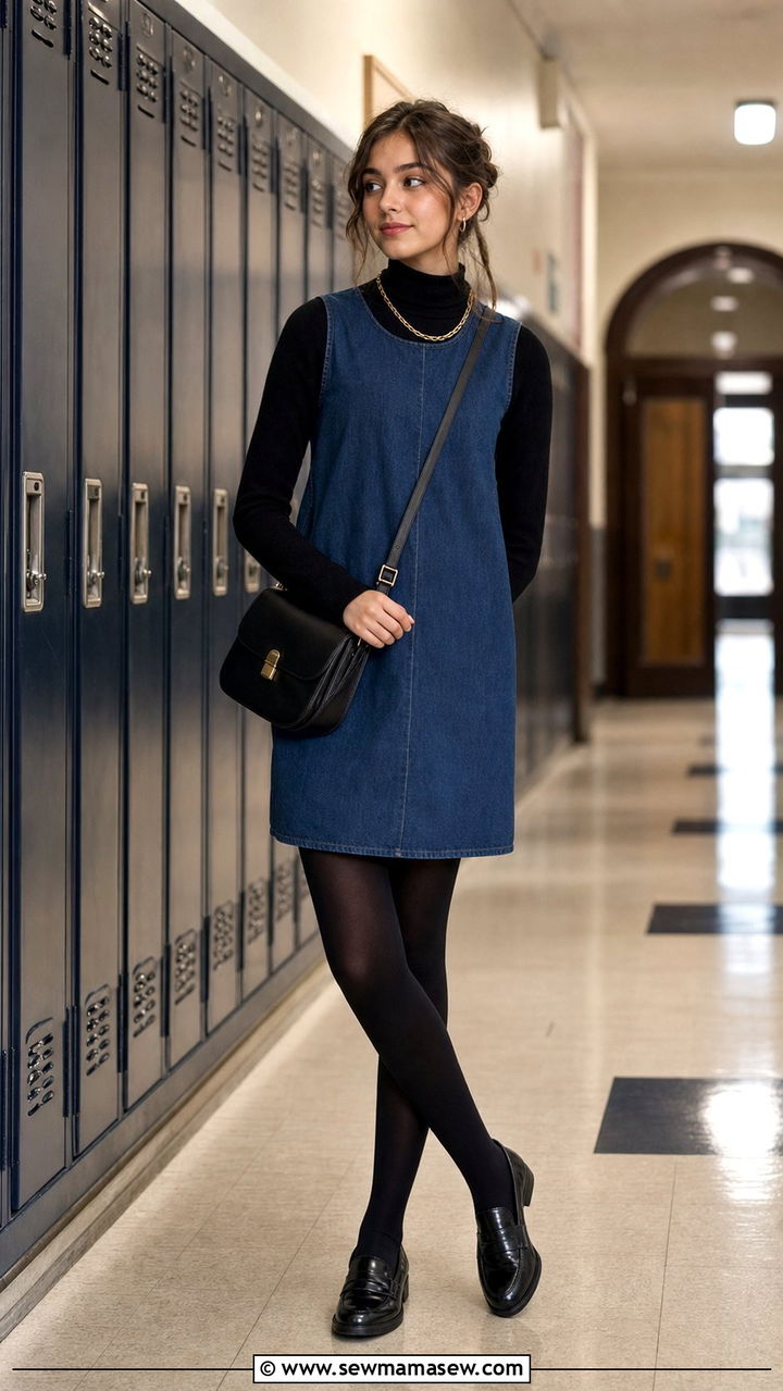 Lightweight Turtleneck under a Denim Dress with Tights and Loafers Outfit - 35 Back to school outfit ideas 10th grade