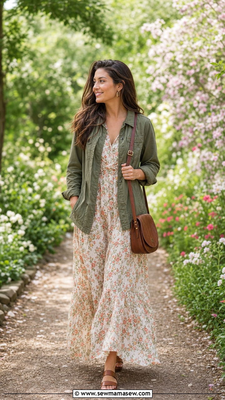Lightweight Utility Jacket and Flowy Maxi Dress - 25 spring utility chic outfit ideas
